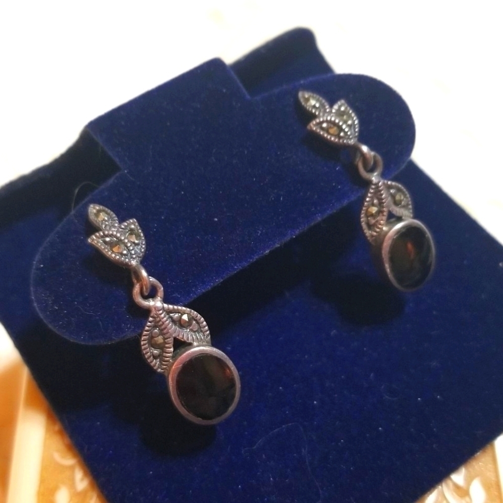 Charles Winston Vintage Sterling Onyx Marcasite Dangle Earrings